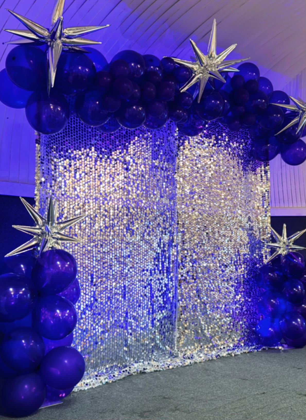 Silver sequin & purple stars backdrop