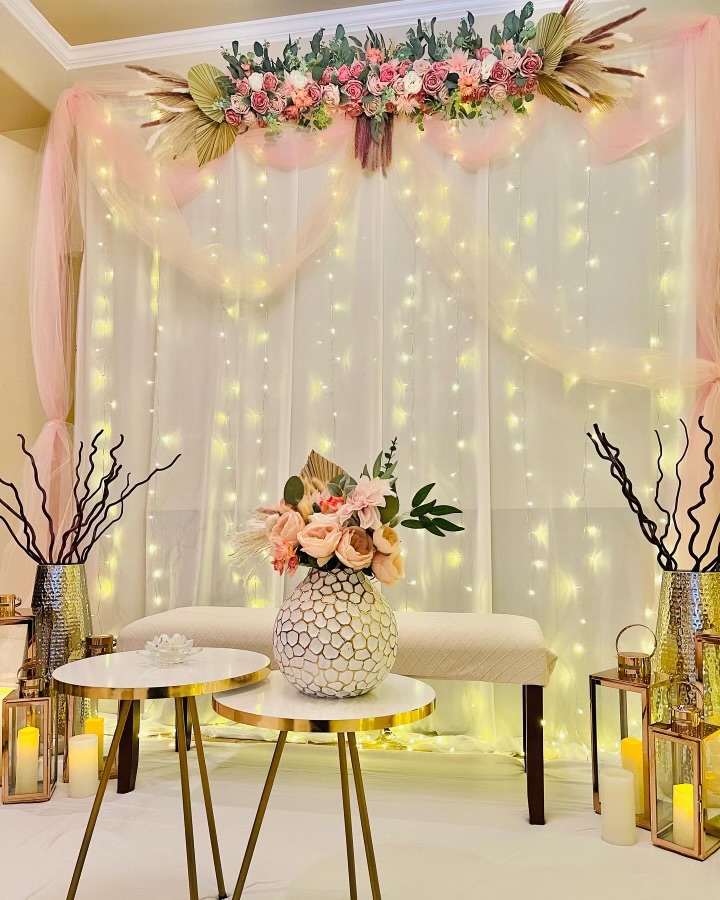 Blush tulle & fairy-light backdrop